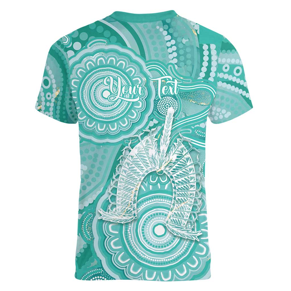 50 Years Deadly NAIDOC Week 2026 Personalised Women V-Neck T-Shirt Dhari Cyan Indigenous Art