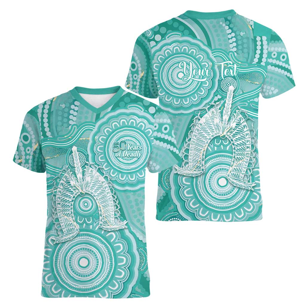 50 Years Deadly NAIDOC Week 2026 Personalised Women V-Neck T-Shirt Dhari Cyan Indigenous Art