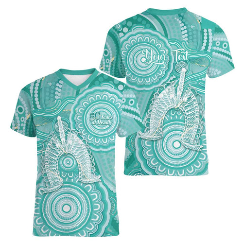 50 Years Deadly NAIDOC Week 2026 Personalised Women V-Neck T-Shirt Dhari Cyan Indigenous Art