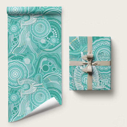 50 Years Deadly NAIDOC Week 2026 Personalised Wrapping Paper Dhari Cyan Indigenous Art