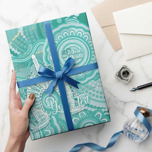 50 Years Deadly NAIDOC Week 2026 Personalised Wrapping Paper Dhari Cyan Indigenous Art