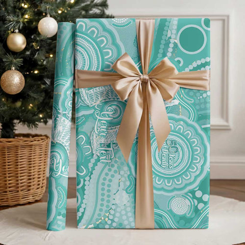 50 Years Deadly NAIDOC Week 2026 Personalised Wrapping Paper Dhari Cyan Indigenous Art