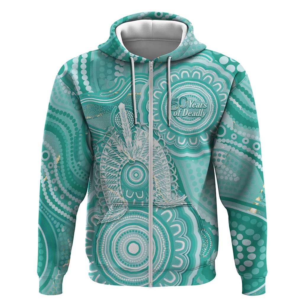 50 Years Deadly NAIDOC Week 2026 Personalised Zip Hoodie Dhari Cyan Indigenous Art