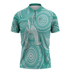 50 Years Deadly NAIDOC Week 2026 Personalised Zipper Polo Shirt Dhari Cyan Indigenous Art