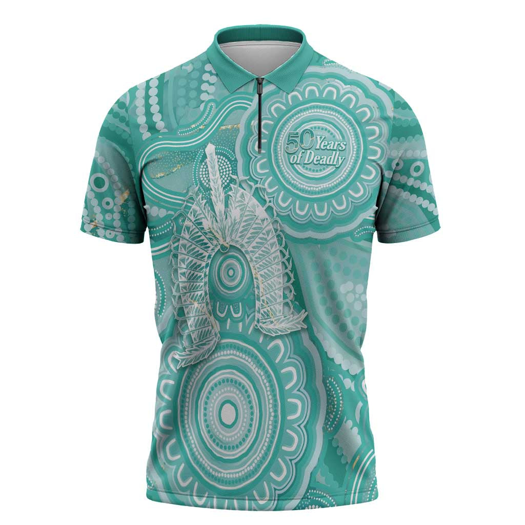 50 Years Deadly NAIDOC Week 2026 Personalised Zipper Polo Shirt Dhari Cyan Indigenous Art