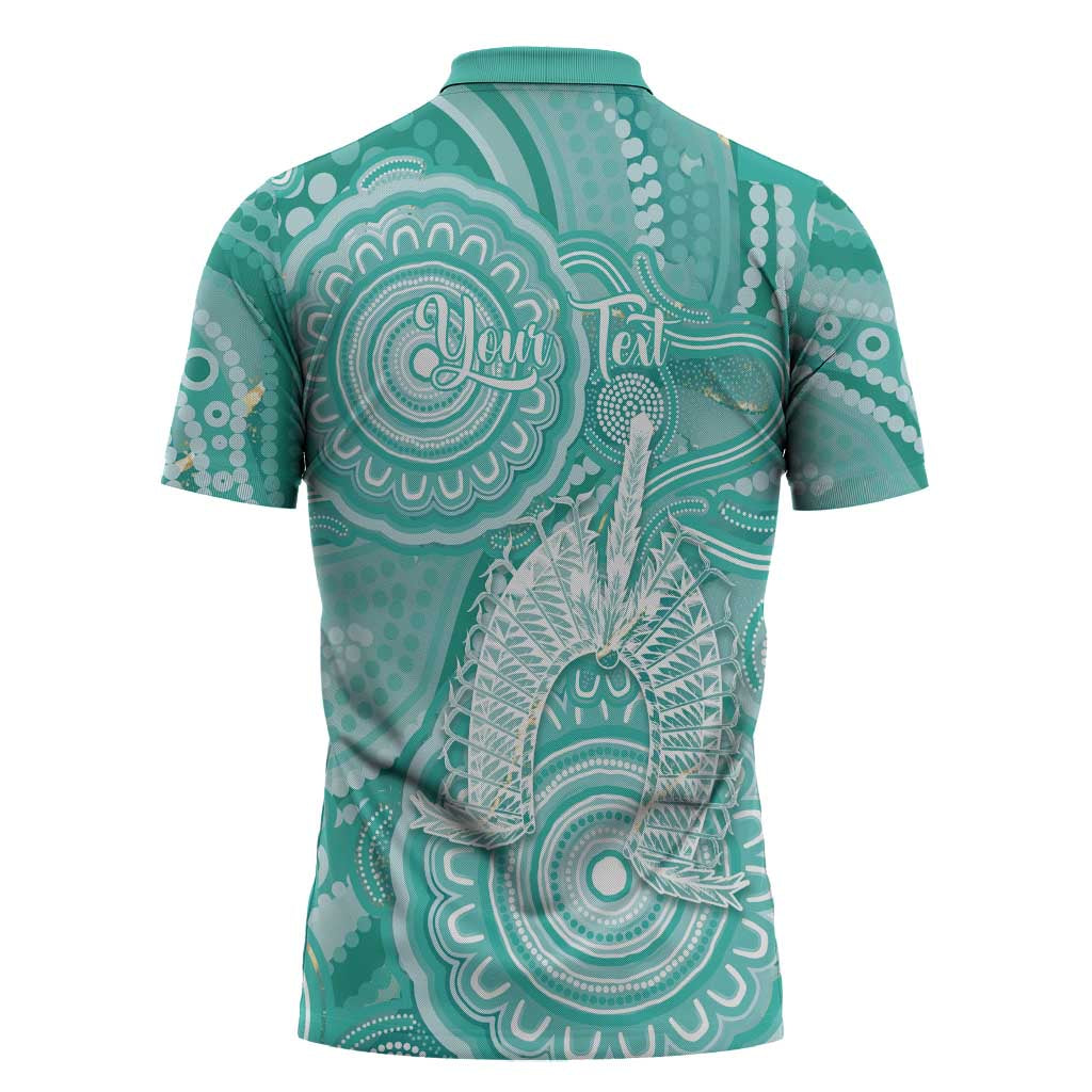 50 Years Deadly NAIDOC Week 2026 Personalised Zipper Polo Shirt Dhari Cyan Indigenous Art