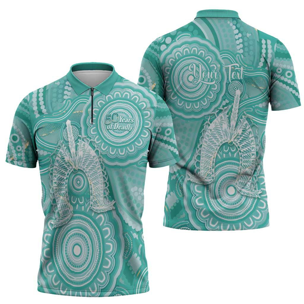 50 Years Deadly NAIDOC Week 2026 Personalised Zipper Polo Shirt Dhari Cyan Indigenous Art