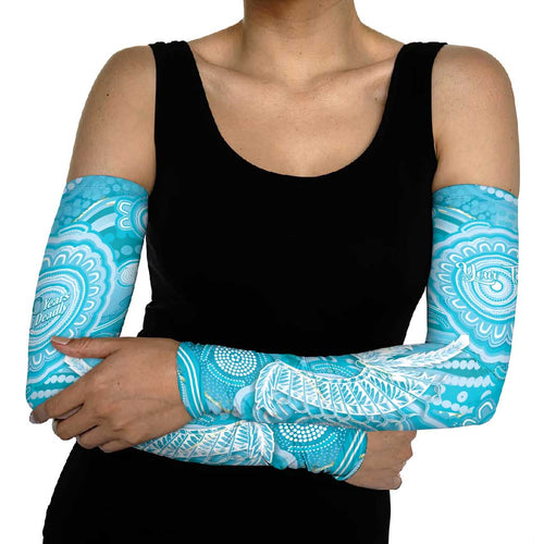 50 Years Deadly NAIDOC Week 2026 Personalised Arm Sleeves Dhari Blue Indigenous Art