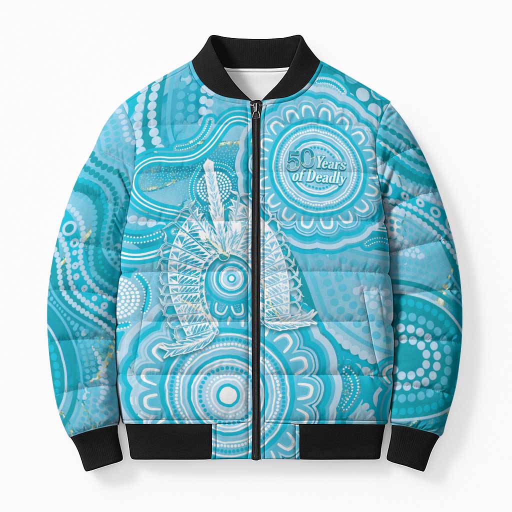 50 Years Deadly NAIDOC Week 2026 Personalised Bomber Puffer Jacket Dhari Blue Indigenous Art