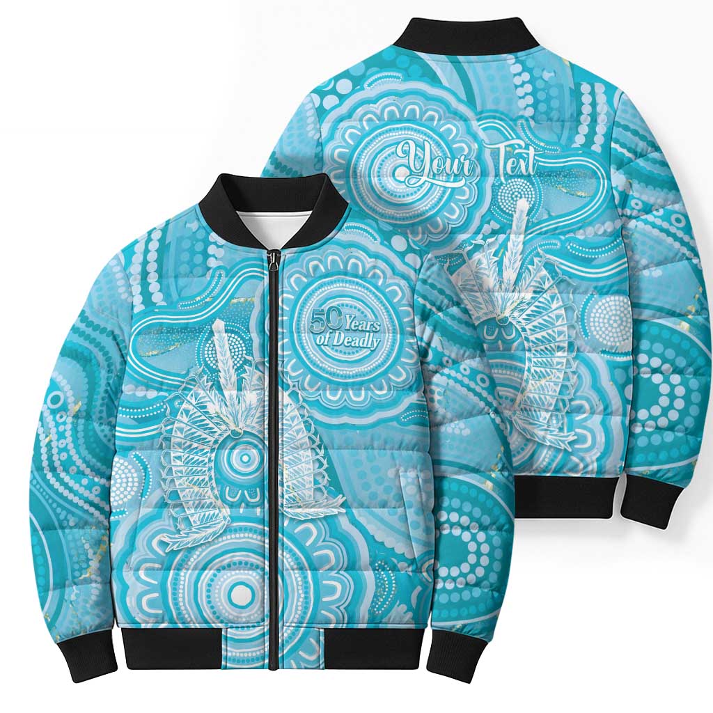 50 Years Deadly NAIDOC Week 2026 Personalised Bomber Puffer Jacket Dhari Blue Indigenous Art