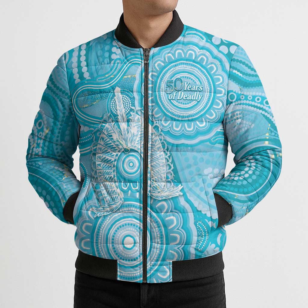 50 Years Deadly NAIDOC Week 2026 Personalised Bomber Puffer Jacket Dhari Blue Indigenous Art
