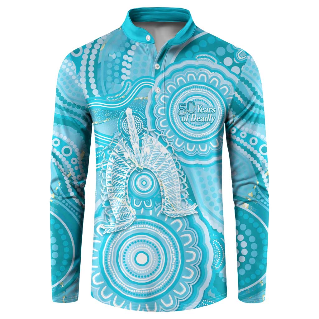 50 Years Deadly NAIDOC Week 2026 Personalised Button Sweatshirt Dhari Blue Indigenous Art