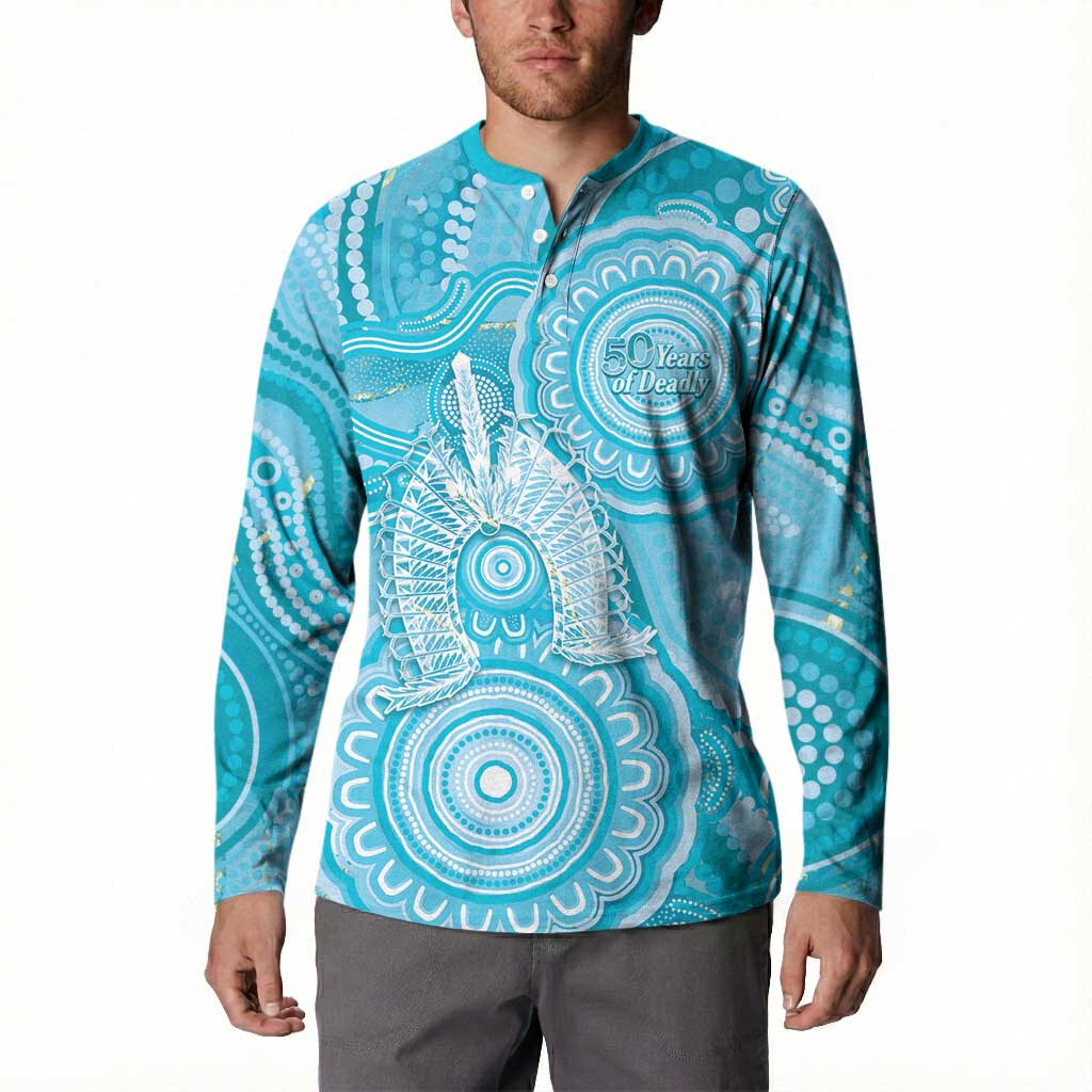 50 Years Deadly NAIDOC Week 2026 Personalised Button Sweatshirt Dhari Blue Indigenous Art