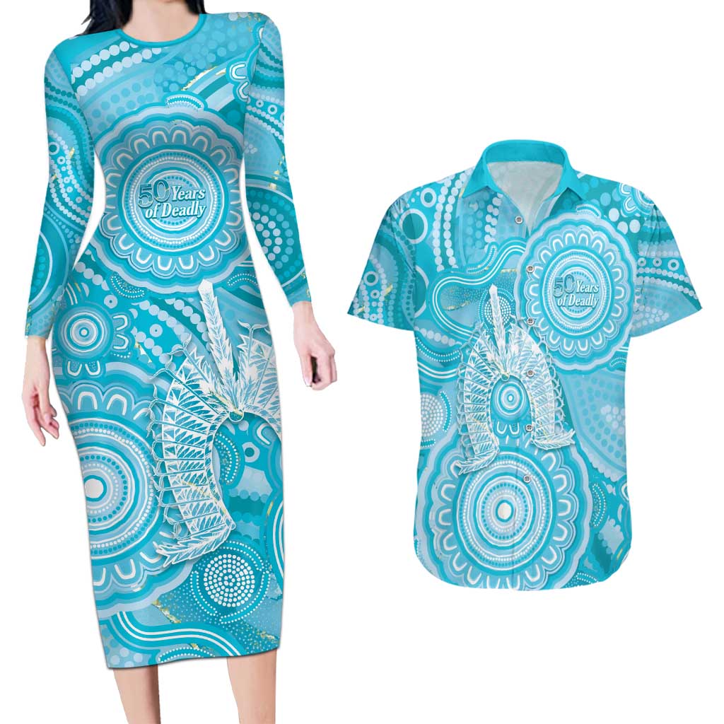 50 Years Deadly NAIDOC Week 2026 Personalised Couples Matching Long Sleeve Bodycon Dress and Hawaiian Shirt Dhari Blue Indigenous Art
