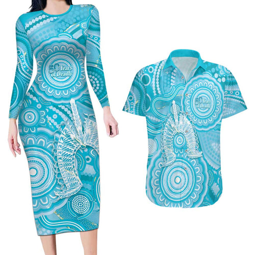 50 Years Deadly NAIDOC Week 2026 Personalised Couples Matching Long Sleeve Bodycon Dress and Hawaiian Shirt Dhari Blue Indigenous Art