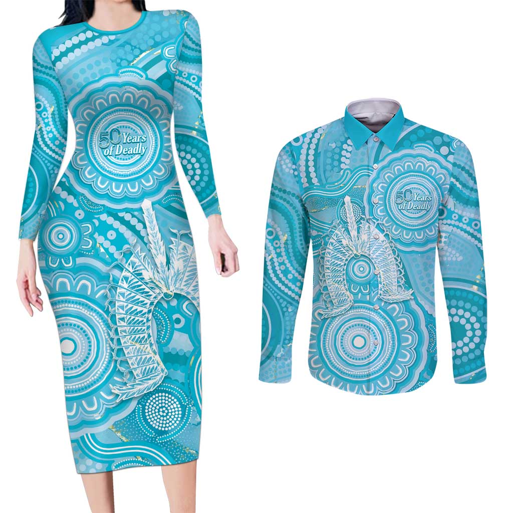 50 Years Deadly NAIDOC Week 2026 Personalised Couples Matching Long Sleeve Bodycon Dress and Long Sleeve Button Shirt Dhari Blue Indigenous Art