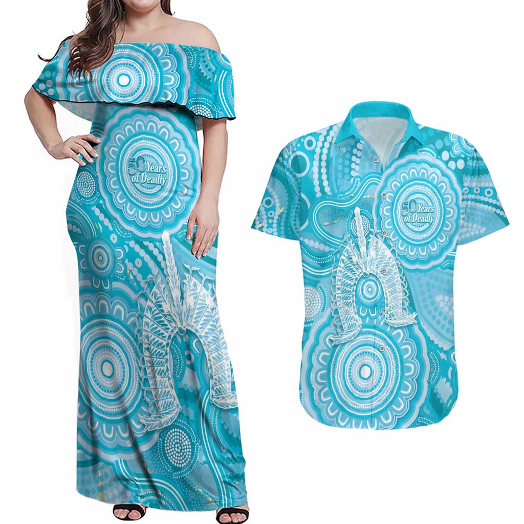 50 Years Deadly NAIDOC Week 2026 Personalised Couples Matching Off Shoulder Maxi Dress and Hawaiian Shirt Dhari Blue Indigenous Art