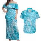 50 Years Deadly NAIDOC Week 2026 Personalised Couples Matching Off Shoulder Maxi Dress and Hawaiian Shirt Dhari Blue Indigenous Art