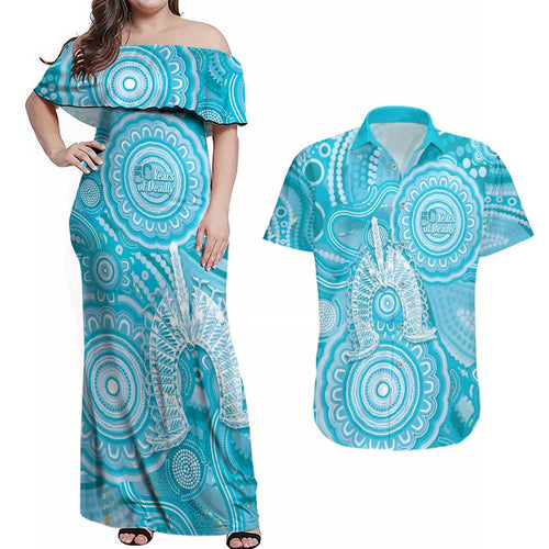 50 Years Deadly NAIDOC Week 2026 Personalised Couples Matching Off Shoulder Maxi Dress and Hawaiian Shirt Dhari Blue Indigenous Art