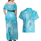 50 Years Deadly NAIDOC Week 2026 Personalised Couples Matching Off Shoulder Maxi Dress and Hawaiian Shirt Dhari Blue Indigenous Art