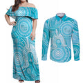 50 Years Deadly NAIDOC Week 2026 Personalised Couples Matching Off Shoulder Maxi Dress and Long Sleeve Button Shirt Dhari Blue Indigenous Art