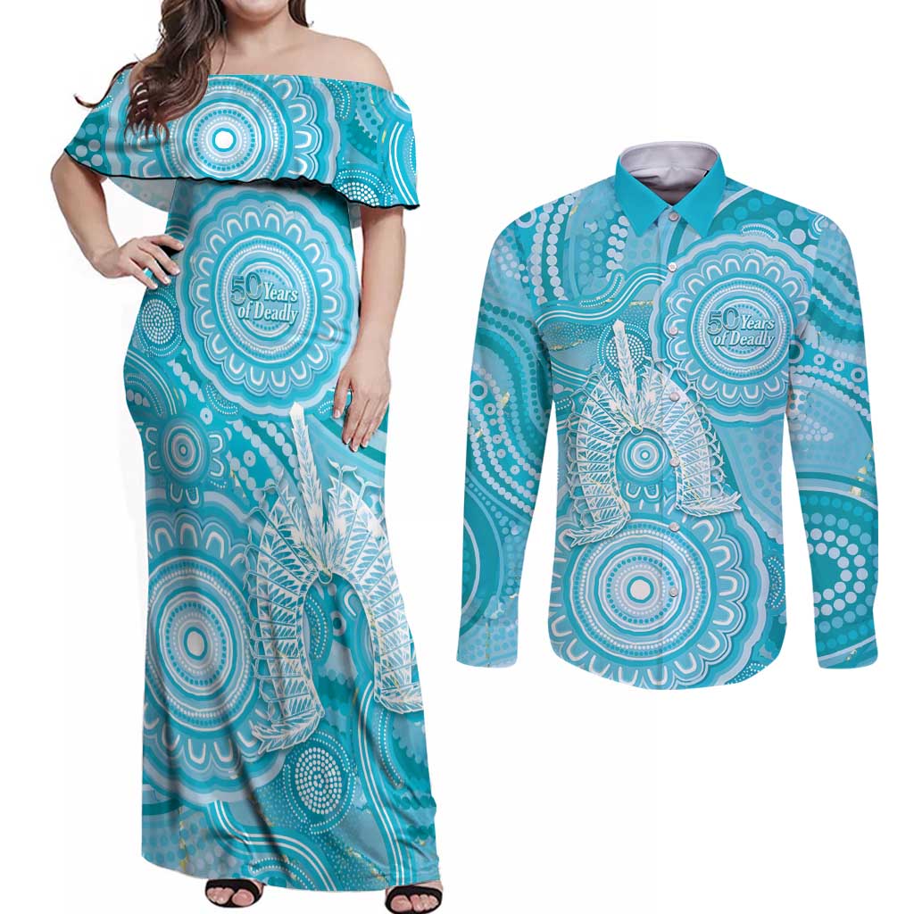 50 Years Deadly NAIDOC Week 2026 Personalised Couples Matching Off Shoulder Maxi Dress and Long Sleeve Button Shirt Dhari Blue Indigenous Art