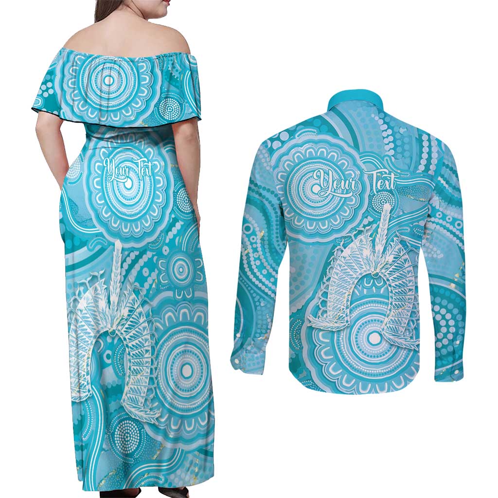 50 Years Deadly NAIDOC Week 2026 Personalised Couples Matching Off Shoulder Maxi Dress and Long Sleeve Button Shirt Dhari Blue Indigenous Art