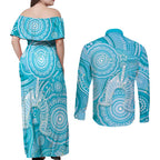 50 Years Deadly NAIDOC Week 2026 Personalised Couples Matching Off Shoulder Maxi Dress and Long Sleeve Button Shirt Dhari Blue Indigenous Art