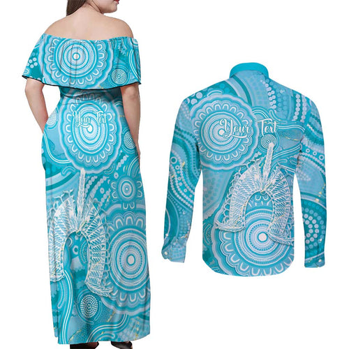 50 Years Deadly NAIDOC Week 2026 Personalised Couples Matching Off Shoulder Maxi Dress and Long Sleeve Button Shirt Dhari Blue Indigenous Art