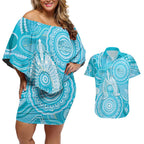 50 Years Deadly NAIDOC Week 2026 Personalised Couples Matching Off Shoulder Short Dress and Hawaiian Shirt Dhari Blue Indigenous Art