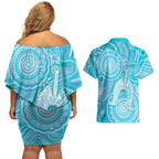 50 Years Deadly NAIDOC Week 2026 Personalised Couples Matching Off Shoulder Short Dress and Hawaiian Shirt Dhari Blue Indigenous Art