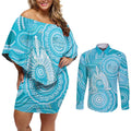 50 Years Deadly NAIDOC Week 2026 Personalised Couples Matching Off Shoulder Short Dress and Long Sleeve Button Shirt Dhari Blue Indigenous Art