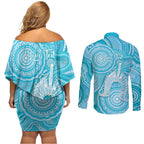 50 Years Deadly NAIDOC Week 2026 Personalised Couples Matching Off Shoulder Short Dress and Long Sleeve Button Shirt Dhari Blue Indigenous Art