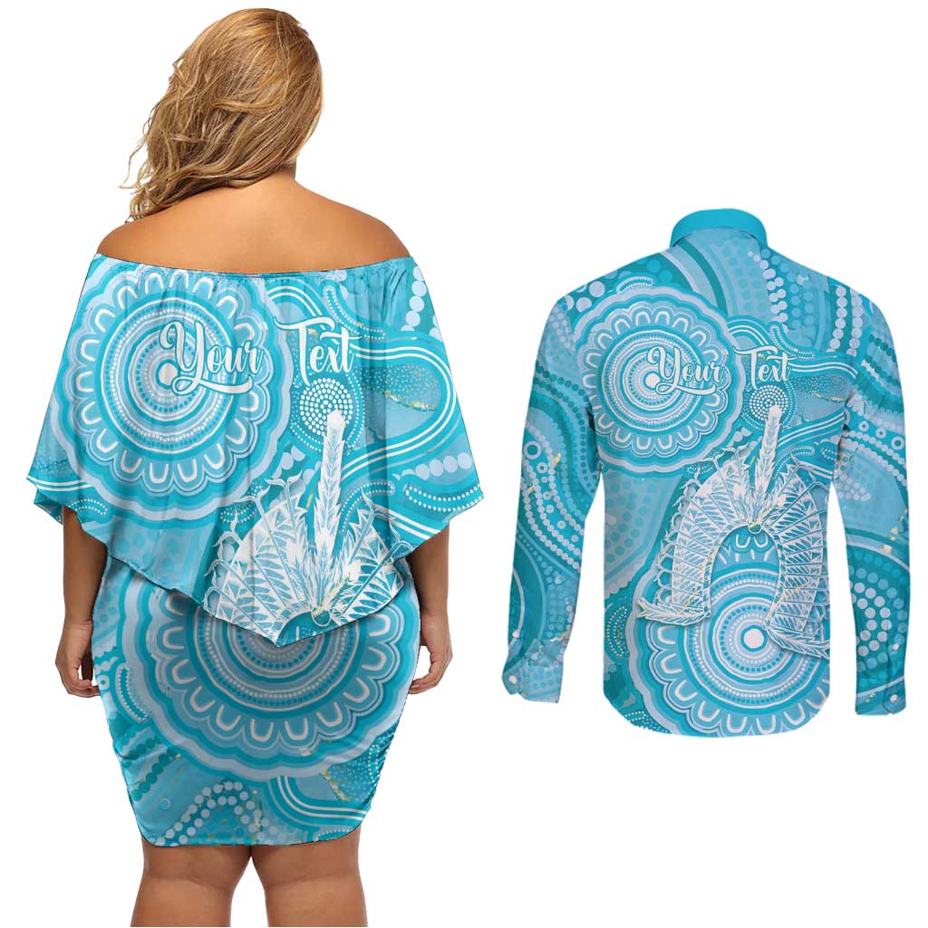 50 Years Deadly NAIDOC Week 2026 Personalised Couples Matching Off Shoulder Short Dress and Long Sleeve Button Shirt Dhari Blue Indigenous Art