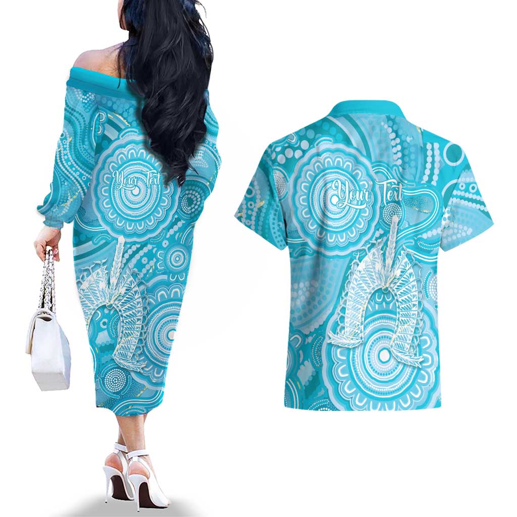 50 Years Deadly NAIDOC Week 2026 Personalised Couples Matching Off The Shoulder Long Sleeve Dress and Hawaiian Shirt Dhari Blue Indigenous Art