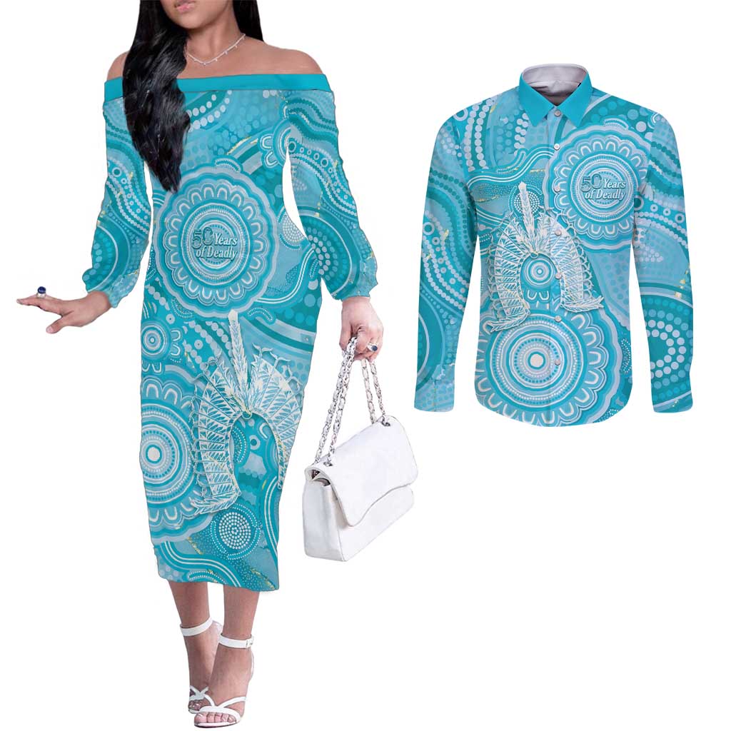 50 Years Deadly NAIDOC Week 2026 Personalised Couples Matching Off The Shoulder Long Sleeve Dress and Long Sleeve Button Shirt Dhari Blue Indigenous Art