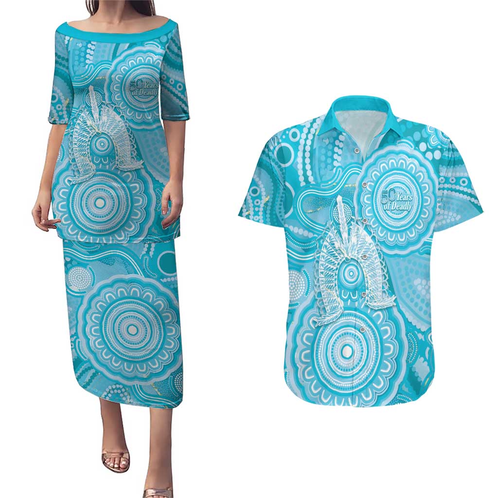 50 Years Deadly NAIDOC Week 2026 Personalised Couples Matching Puletasi and Hawaiian Shirt Dhari Blue Indigenous Art