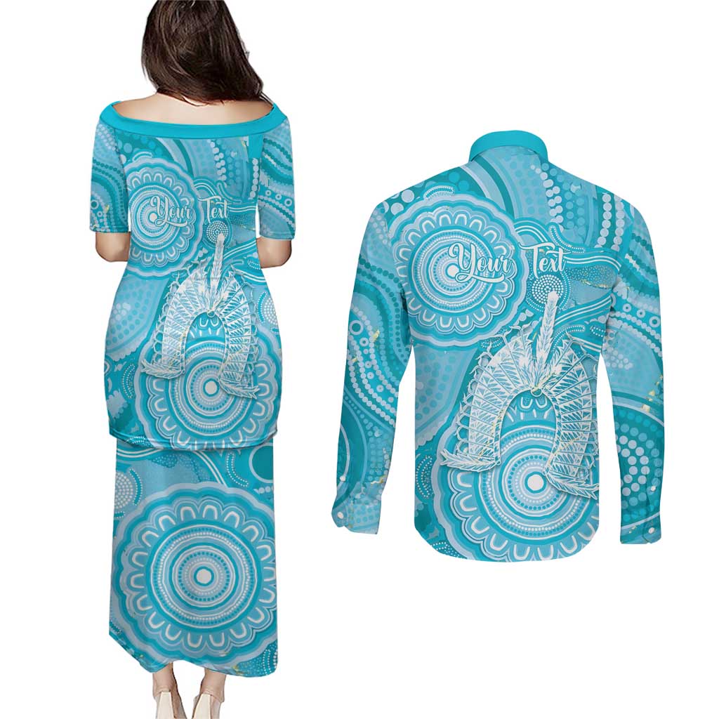 50 Years Deadly NAIDOC Week 2026 Personalised Couples Matching Puletasi and Long Sleeve Button Shirt Dhari Blue Indigenous Art