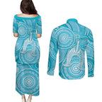 50 Years Deadly NAIDOC Week 2026 Personalised Couples Matching Puletasi and Long Sleeve Button Shirt Dhari Blue Indigenous Art
