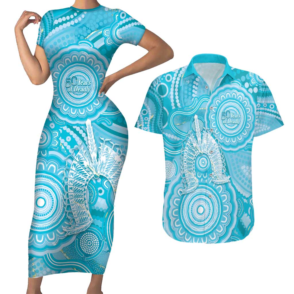 50 Years Deadly NAIDOC Week 2026 Personalised Couples Matching Short Sleeve Bodycon Dress and Hawaiian Shirt Dhari Blue Indigenous Art