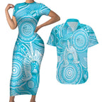 50 Years Deadly NAIDOC Week 2026 Personalised Couples Matching Short Sleeve Bodycon Dress and Hawaiian Shirt Dhari Blue Indigenous Art
