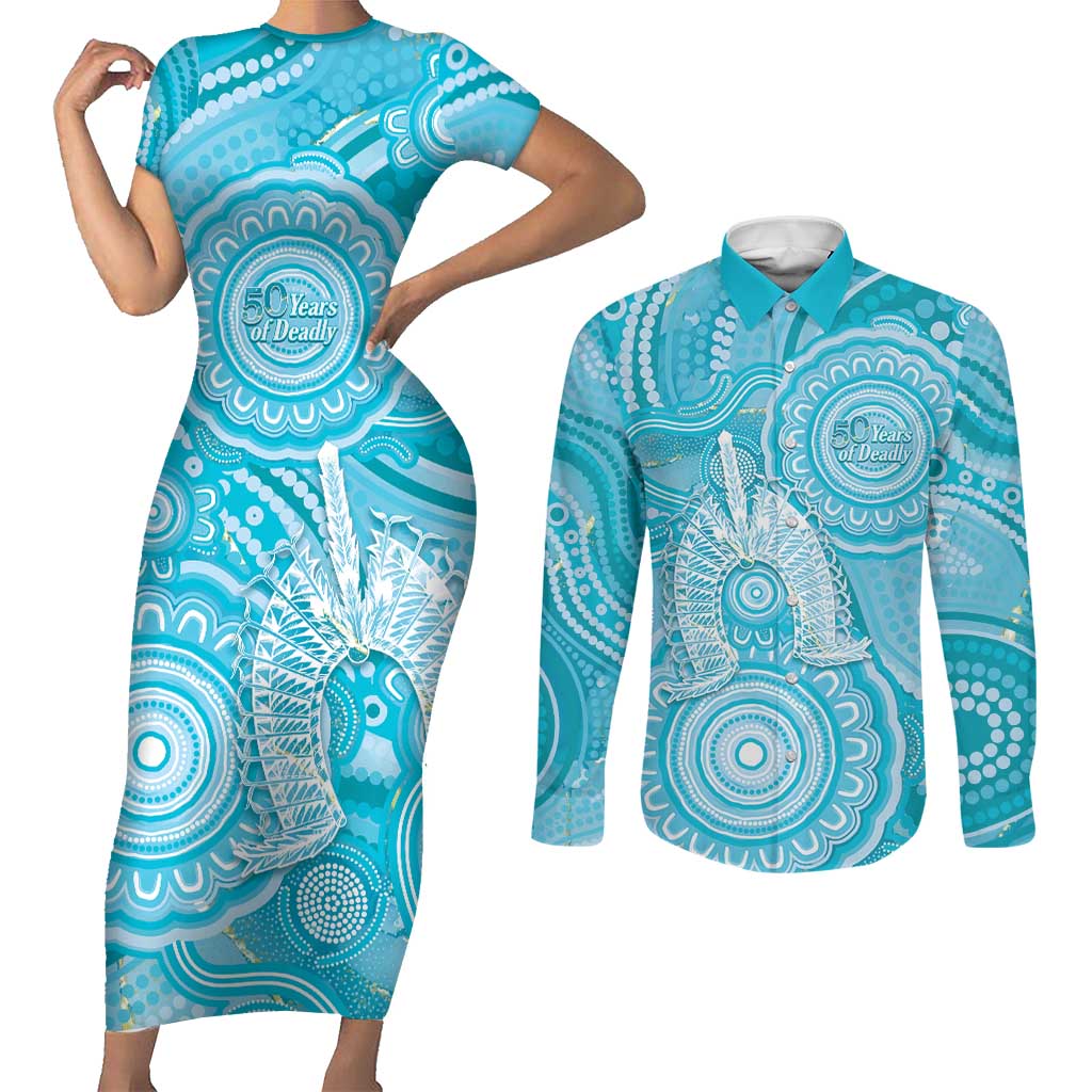 50 Years Deadly NAIDOC Week 2026 Personalised Couples Matching Short Sleeve Bodycon Dress and Long Sleeve Button Shirt Dhari Blue Indigenous Art