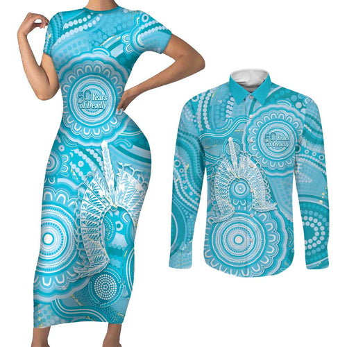 50 Years Deadly NAIDOC Week 2026 Personalised Couples Matching Short Sleeve Bodycon Dress and Long Sleeve Button Shirt Dhari Blue Indigenous Art