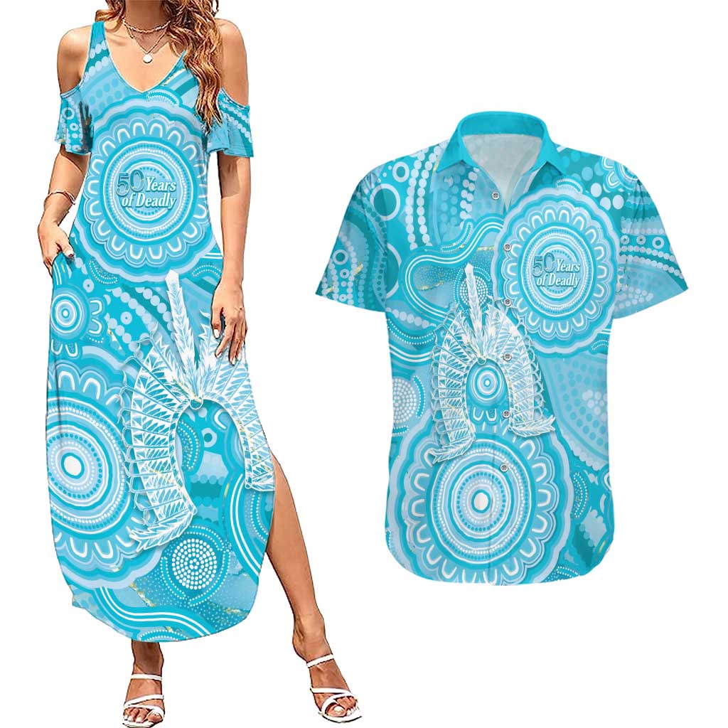50 Years Deadly NAIDOC Week 2026 Personalised Couples Matching Summer Maxi Dress and Hawaiian Shirt Dhari Blue Indigenous Art