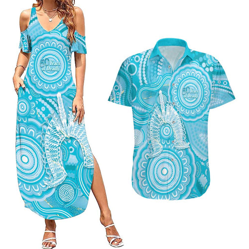 50 Years Deadly NAIDOC Week 2026 Personalised Couples Matching Summer Maxi Dress and Hawaiian Shirt Dhari Blue Indigenous Art