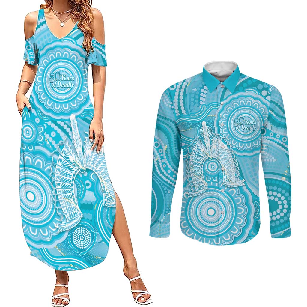 50 Years Deadly NAIDOC Week 2026 Personalised Couples Matching Summer Maxi Dress and Long Sleeve Button Shirt Dhari Blue Indigenous Art