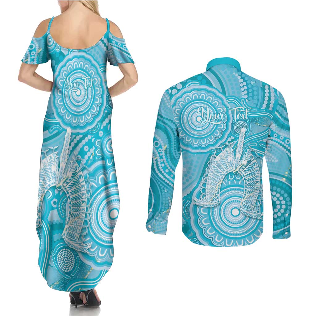 50 Years Deadly NAIDOC Week 2026 Personalised Couples Matching Summer Maxi Dress and Long Sleeve Button Shirt Dhari Blue Indigenous Art