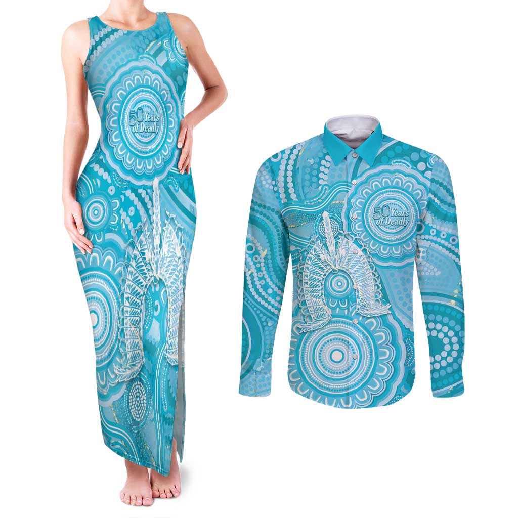 50 Years Deadly NAIDOC Week 2026 Personalised Couples Matching Tank Maxi Dress and Long Sleeve Button Shirt Dhari Blue Indigenous Art