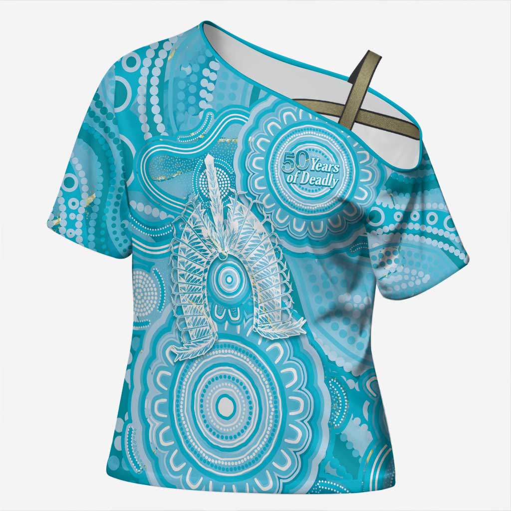 50 Years Deadly NAIDOC Week 2026 Personalised Cross Shoulder Shirt Dhari Blue Indigenous Art
