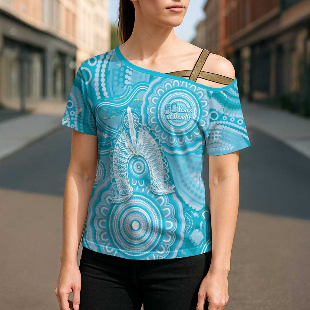 50 Years Deadly NAIDOC Week 2026 Personalised Cross Shoulder Shirt Dhari Blue Indigenous Art